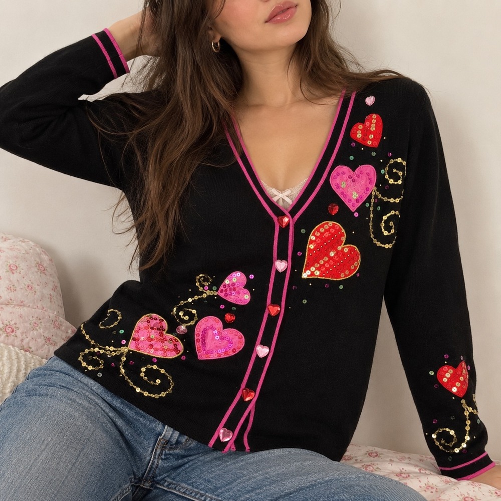 Sequined Hearts Lightweight Cardigan Sz M Black Y2K Valentine Whimsical Love